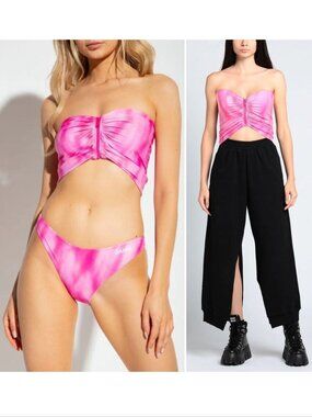GANNI BIKINI SET Strapless Swim Top & Bottom Size S 36 Pink Tie Dye NEW $240